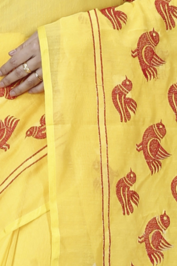 Yellow Blended Cotton Thulasi Hand Loom Saree (1189)